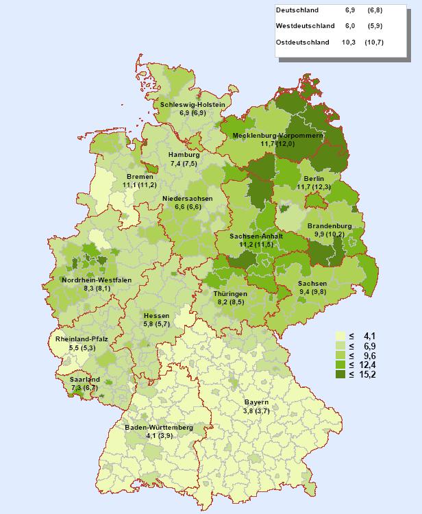 51 Cuotas medias de desempleo en Alemania en 2013 (entre paréntesis 2012) Alemania 6,9