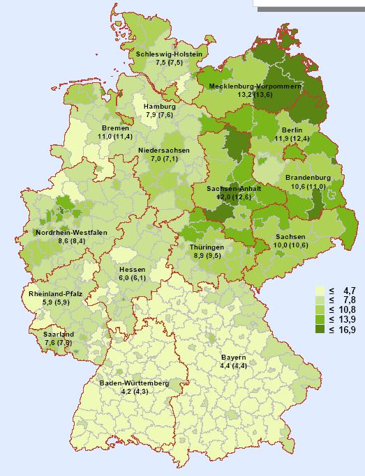 42 Cuota de desempleo en Alemania, enero de 2014 (entre paréntesis 2013) Alemania 7,3