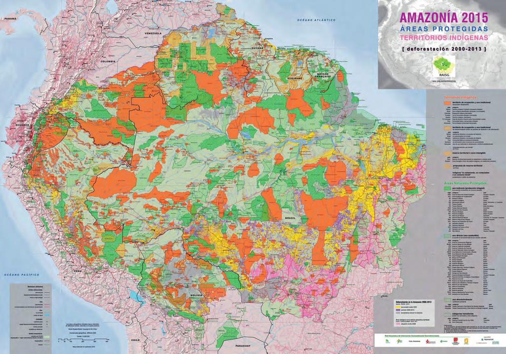 Figura 2. Territorios Indígenas (naranja) y Áreas Naturales Protegidas (verdes) en la Amazonía. Los tonos amarillos representan la deforestación acumulada hasta el 2000, calculada en unos 600.