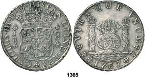 1363 1761. Potosí. V. 8 reales. (Cal. 948). 26,86 g. Doble fecha. MBC. Est. 225........... 150, 1364 1764. Potosí. V/Y.
