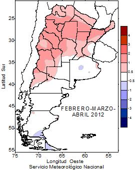 Litoral. El resto del territorio presentó valores normales. Los máximos desvíos positivos se dieron en Villa Dolores (+2.2 C), Catamarca (+1.8 C) y Santiago del Estero y Tinogasta (+1.7 C).