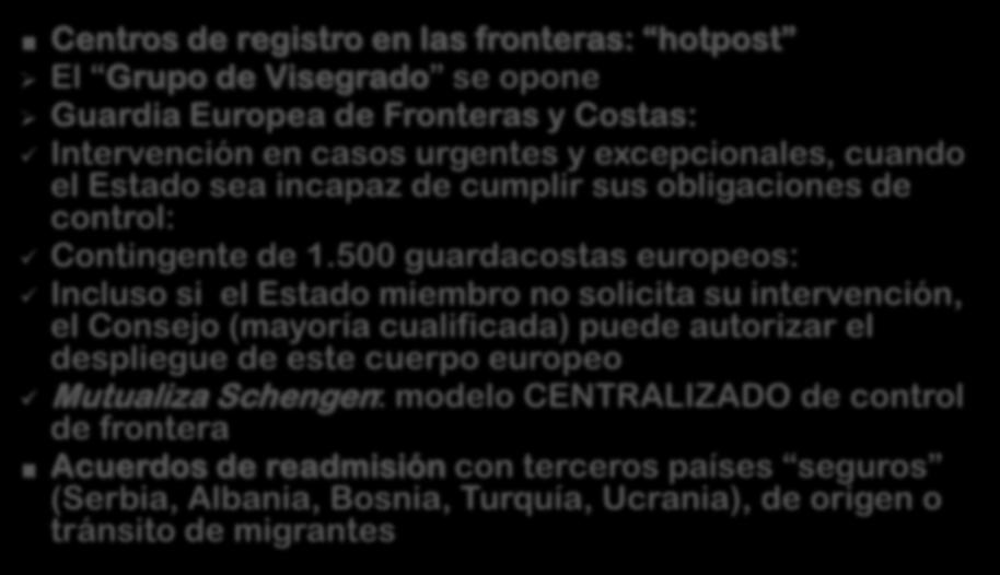 Centros de registro en las fronteras: hotpost El Grupo de Visegrado se opone Guardia Europea de Fronteras y Costas: Intervención en casos urgentes y excepcionales, cuando el Estado sea incapaz de
