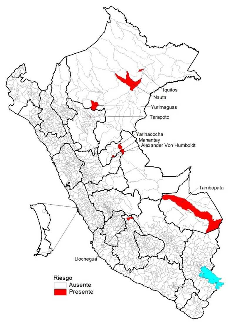 Leptospirosis, Mapa de Riesgo Epidemiológico, Perú SE 03, 2018 Lugar probable de infección SE de inicio de síntomas Departamento Provincia Distrito 49 50 51 52 1 2 3 Criterio de riesgo SE 3 Ayacucho