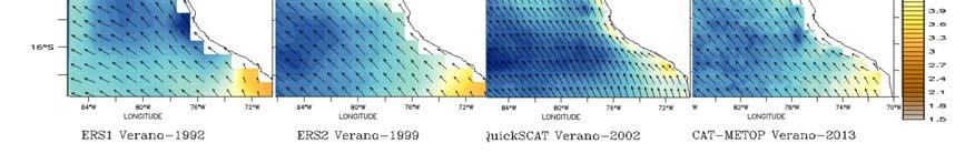 Condiciones de la TSM en los veranos de 1992, 1999, 2002, 2013 Puede apreciarse que en el 2013, la intensidad del viento disminuyó en la zona ecuatorial de manera similar a 1999; sin embargo, tal