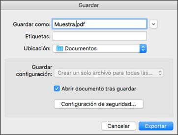 Verá la ventana Guardar: 11. Haga clic en el botón Exportar. El archivo se guarda y luego se abre en la aplicación asociada con el tipo de archivo seleccionado, si está disponible en su sistema.