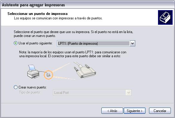 Seleccione el puerto y haga clic en Siguiente. En esta pantalla debemos indicar el puerto por el que queremos conectar la impresora.