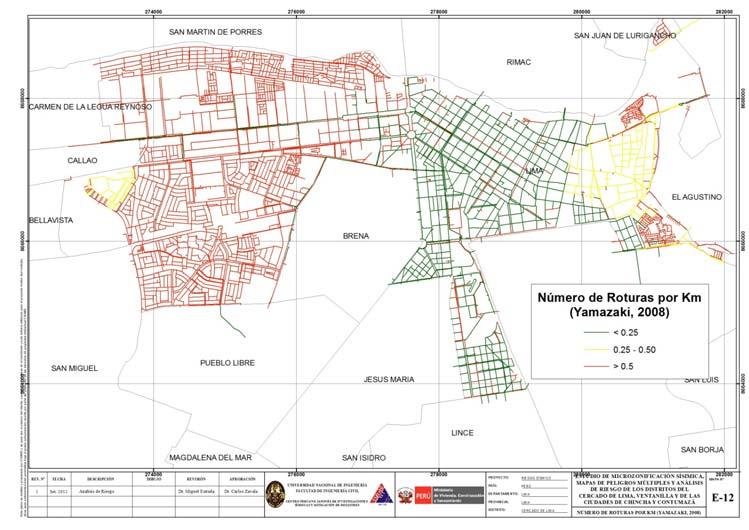 ROTURAS DE TUBERIAS DE AGUA - DISTRITO DEL CERCADO DE LIMA Mapa de Riesgo del Centro de Lima Escenario Sismo M=8.