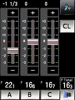 4. Mueva el control deslizante o toque los botones [+] o [ - ] 2 para cambiar la potencia del flash. El nivel de potencia establecido se muestra en la zona superior del control deslizante 1.