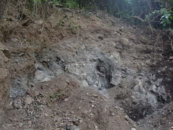 La sección socavada para la extracción de basalto por pobladores del lugar se ha visto modificado su ángulo natural retomando ángulo de pendiente dado por depósitos coluviales, y otro resultante del