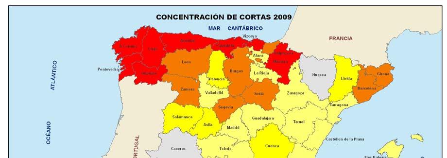 En el análisis por comunidad autónoma Galicia es la comunidad con mayor volumen de cortas, un 59,3% del total nacional, y el 65% de las cortas de frondosas.