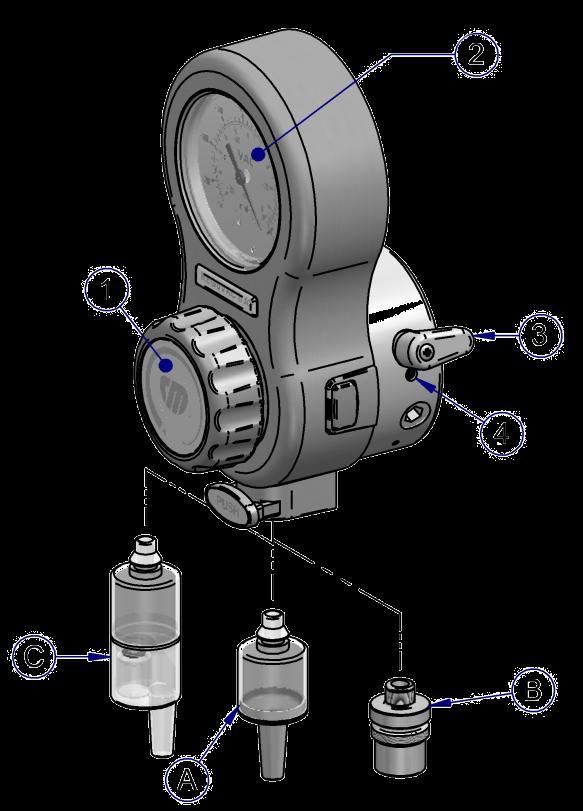 REGUVAC II VV Reguvac II VV es un regulador de vacío de gran caudal regulable de 0 a 600 mmhg gracias al efecto venturi que produce la presión positiva procedente de la red de Oxígeno o Aire.