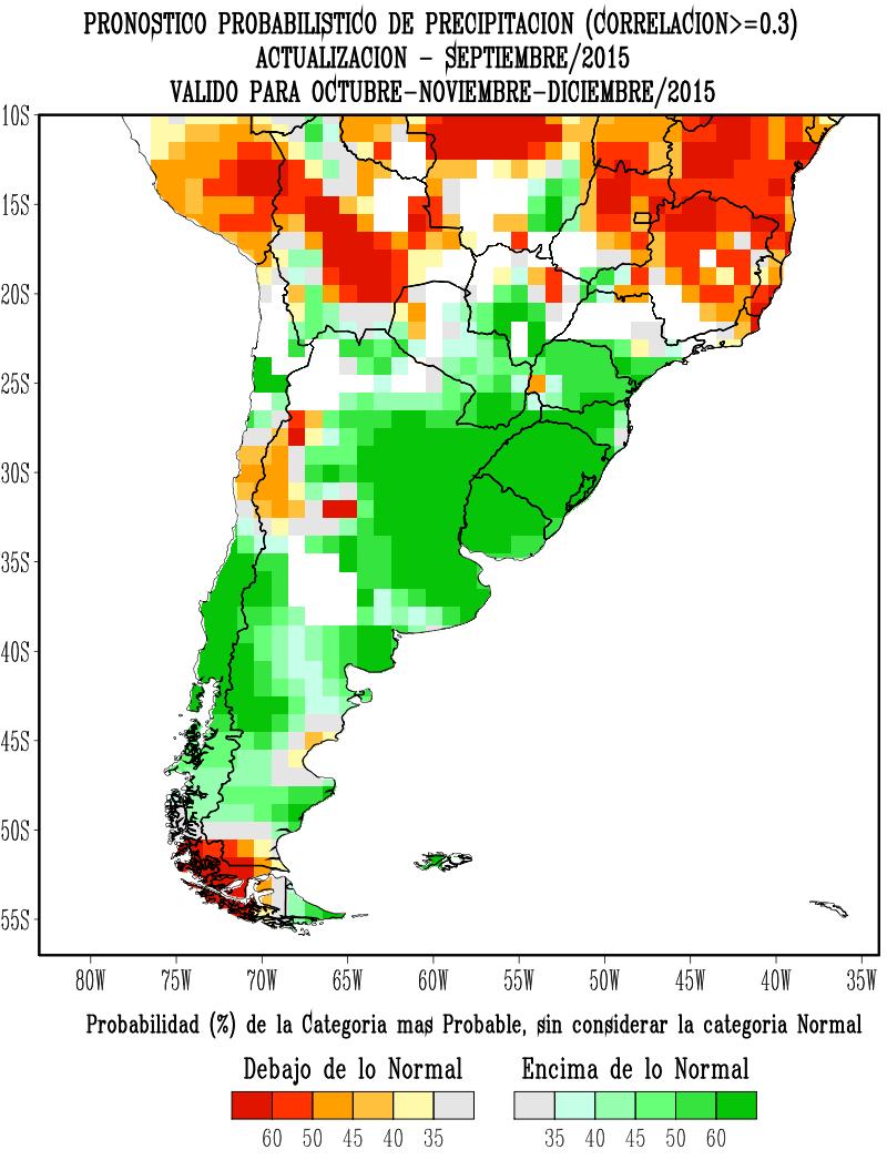 Continuación Pronóstico estacional de precipitación Pronóstico para: Oct-Nov-Dic Actualizado: 17 Sep Fuente: Centro Regional sobre el clima para el Sur de América del Sur (CRC-SAS).