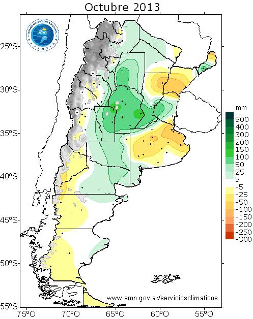3 mm), Buenos Aires (-87.6 mm), La Plata (-81.3 mm) y Reconquista (-81.0 mm), entre otras. Por otro lado las mayores anomalías positivas se observaron en Villa Dolores (+145.