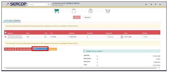 Imagen 8.7 GUARDAR Esta opción permitirá guardar los productos seleccionados antes de proceder con el registro de la orden de compra.