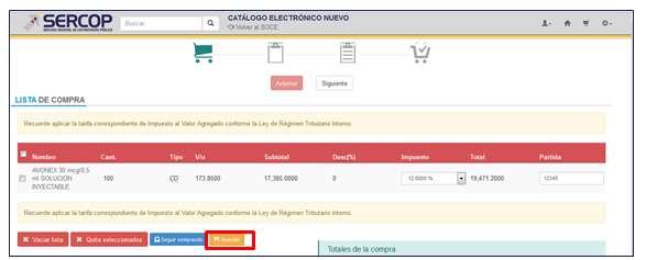 Imagen 8.11 Para continuar con los datos de registro de la orden de compra, de clic en el botón Siguiente, tal como se muestra en la siguiente pantalla. Imagen 8.12 Imagen 8.