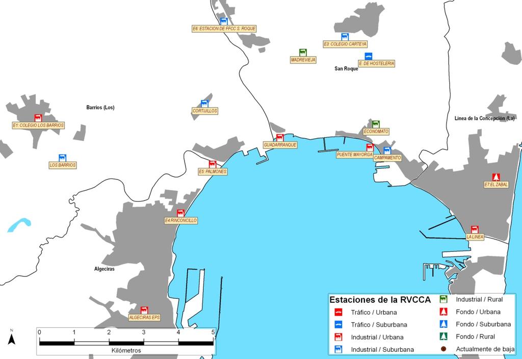 Figura 4.12. Distribución de las estaciones de la Red de Vigilancia y Control de la calidad del aire en la zona industrial Bahía de Algeciras, con indicación de la tipología de la estación. Tabla 4.