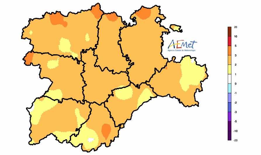 Anomalía de temperaturas mínimas (ºC) del trimestre septiembre-octubre-noviembre en Castilla y León.