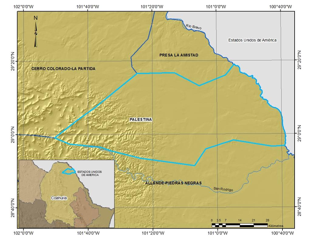 Generalidades El acuífero Palestina se localiza en la porción noreste del estado de Coahuila, y abarca un área de 3 500.3 km 2.