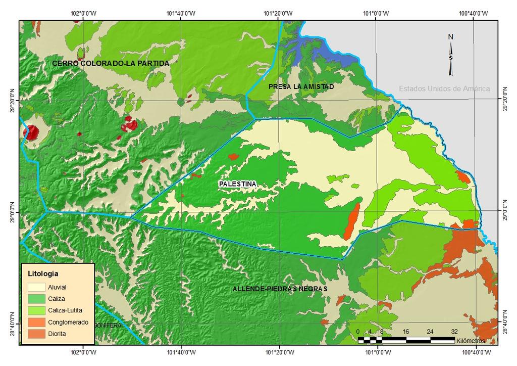 Geología La superficie del acuífero está compuesta principalmente por rocas sedimentarias de tipo calizas y calizas-lutitas, se ubican en el norte, este y en la parte centra.