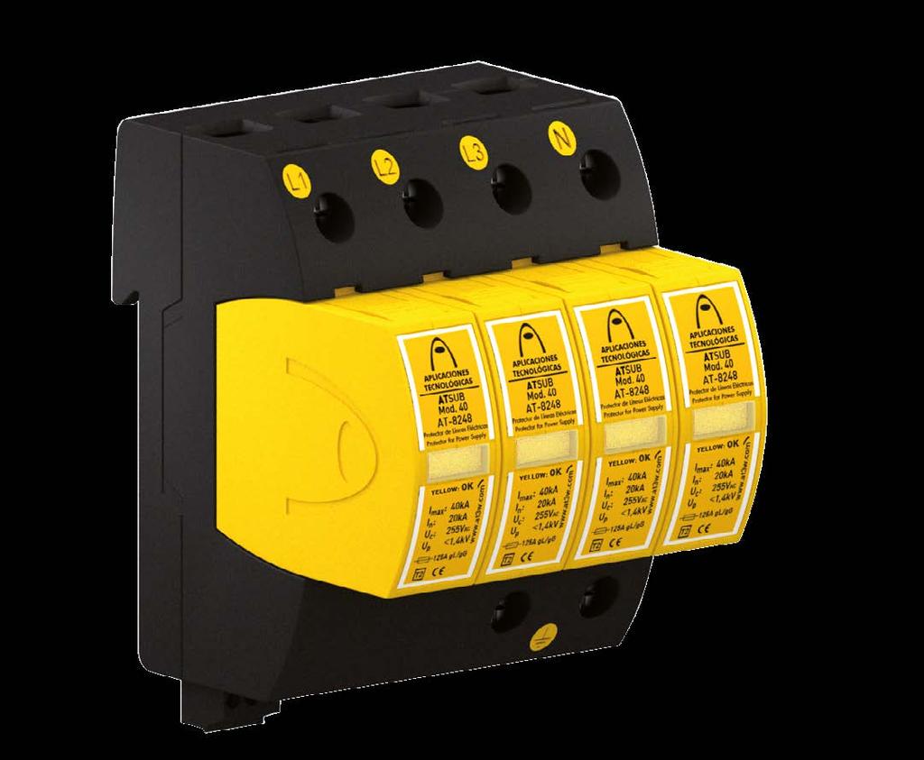 > ATSUB-4P TNS Protector compacto para líneas de suministro eléctrico trifásico TNS > AT-8000 ATSUB-4P 15 TNS: corriente de pico 15 ka. Un 230 V > AT-8001 ATSUB-4P 40 TNS: corriente de pico 40 ka.