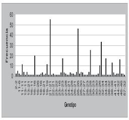 Figura 3. Distribución genotípica del gen FMR2 en mujeres El 78.5% de las mujeres fueron homocigóticas. El genotipo más frecuente fue de 21-21 con 55 casos y 26-26 con 46 casos (figura 3). Tabla 1.
