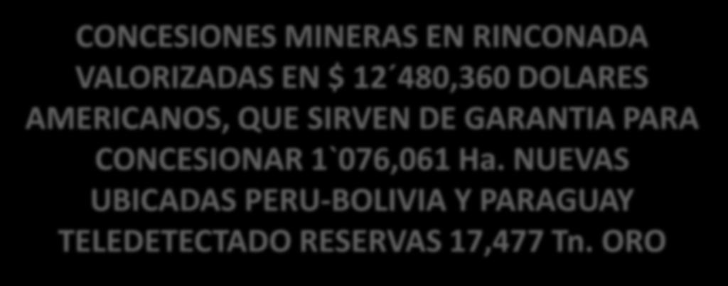 NUEVAS UBICADAS PERU-BOLIVIA Y PARAGUAY TELEDETECTADO RESERVAS 17,477 Tn. ORO Ing.
