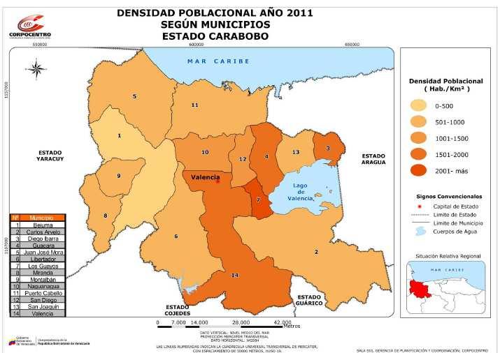 Mapa de la densidad poblacional del Estado Carabobo por Municipios - Áreas bajo régimen de administración especial.
