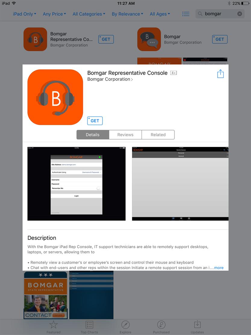 Instalar la consola del técnico de soporte Connect en el dispositivo con ios Puede descargar gratis la consola del técnico de soporte de Bomgar para ios desde el App Store de Apple.