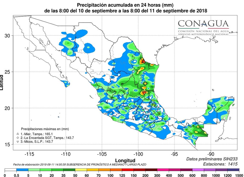 Reporte Meteorológico para la Agricultura No. Aviso: 176 Ciudad de México a 11 de Septiembre del 2018.