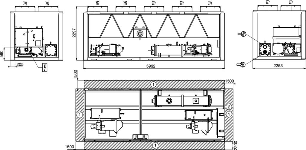 Áreas de servicio necesarias para el mantenimiento y el caudal de aire (véase la nota) Espacio recomendado para el desmontaje del tubo del evaporador Entrada de agua para la unidad estándar Para las