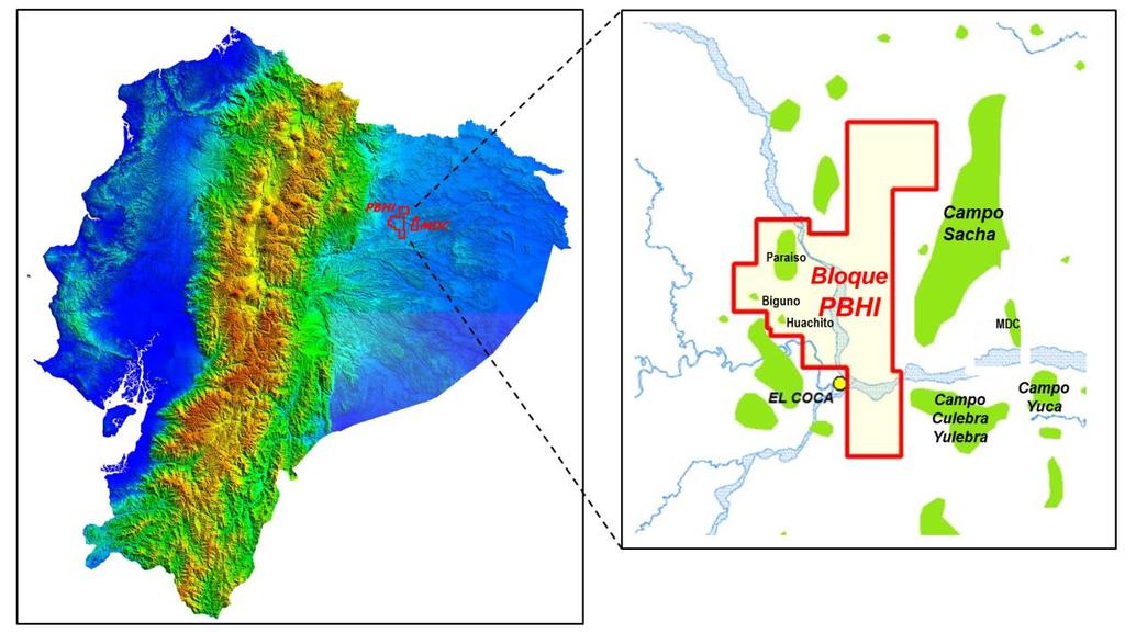 1.1.2 Ubicación del Bloque PBHI El bloque PBHI comprende los campos Paraíso, Biguno, Huachito en producción y el área de Intracampos que aún no se ha desarrollado.