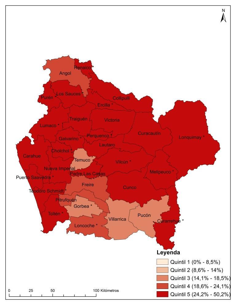 Porcentaje de población en situación de Pobreza por Ingresos en comunas de la Región de la Araucanía (2015) Porcentaje de población en situación de Pobreza Multidimensional en comunas de la Región de