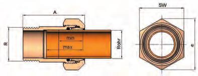 Racores de latón para tubo de cobre TIPO MAS Unión de tubo Para tubos de cobre: DIN EN 1057, DVGW GW392 15 mm 54 mm: Para conducciones de: Agua sanitaria y aire comprimido (sin aceites) Temperatura: