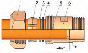 Racores de latón para tubo de cobre Instrucciones de montaje Para tubos de cobre: DIN EN 1057, DVGW GW392 Medidas: Roscas/ Medida del tubo 1/2" 1/2" 3/4" 1" 1 1/4" 1 1/2" 2" Ø Exterior del Tubo [mm]