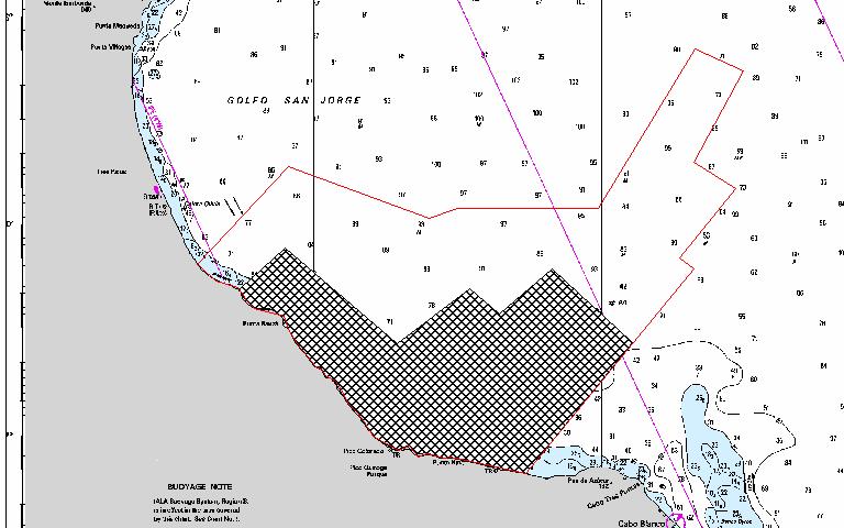Figura 5: Area evaluada en el sur del Golfo San Jorge (línea) y sub estrato de alta densidad de langostino (tramado).