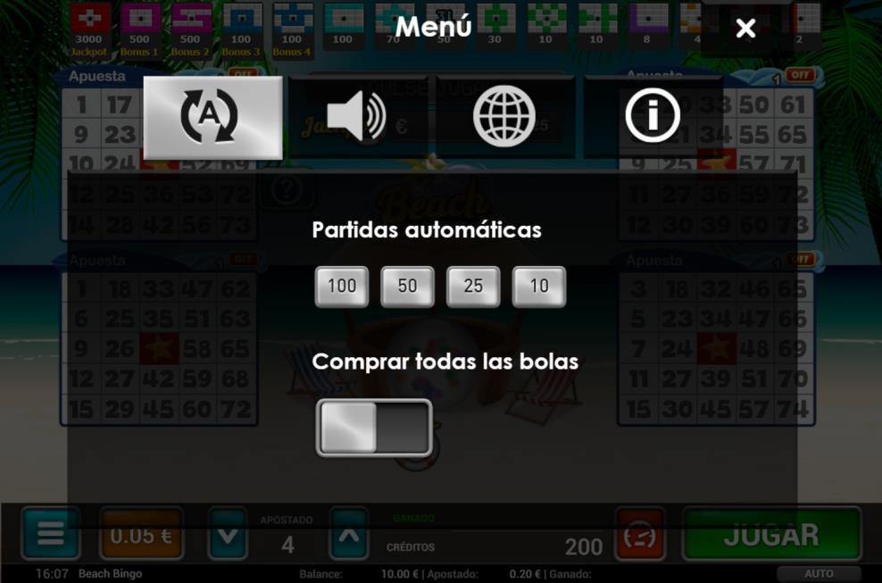 detenida la caída, el botón reza CONTINUAR, que si es presionado por el jugador se reanuda el lanzamiento de bolas. El jugador puede cambiar los números del cartón presionando sobre ellos.