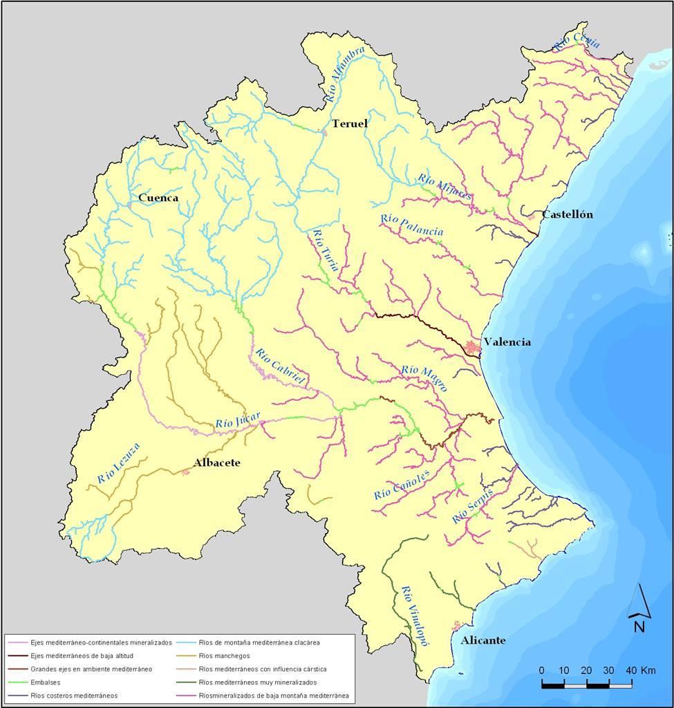 Figura 50: Masas de agua de la categoría río clasificadas según su ecotipo en la Demarcación Hidrográfica del Júcar. Los tramos sin definir corresponden a embalses.
