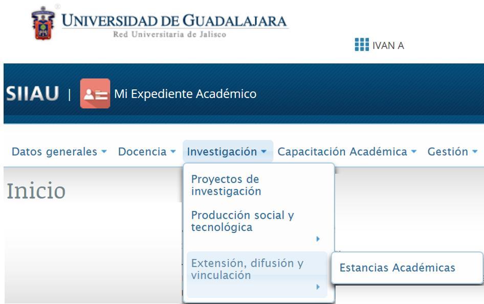 4. Estancia académica 1) Dentro del Sistema Expediente Único Académico, posicionarse en el botón de Investigación.