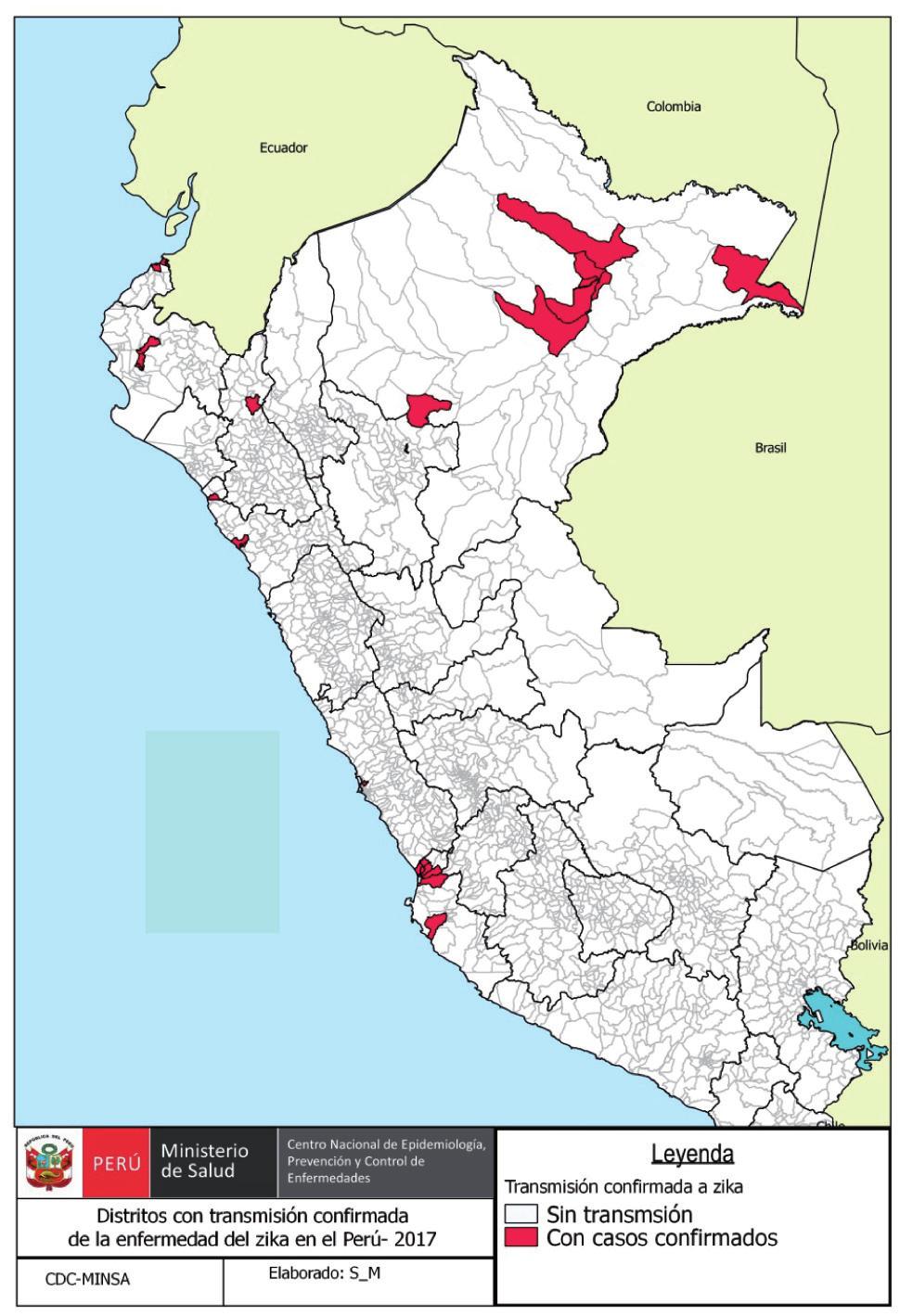 Distritos con transmisión confirmada de la enfermedad de zika, Perú 2017 SE 38 Fuente: Centro Nacional de Epidemiología, Prevención y Control de Enfermedades MINSA Situación epidemiológica de las