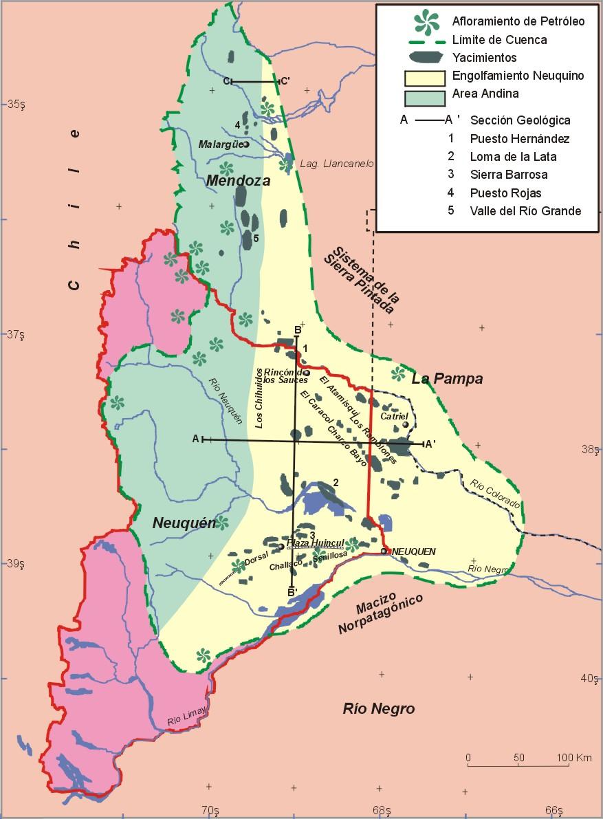 Cuenca Neuquina La CUENCA NEUQUINA cubre casi la totalidad de la Provincia del Neuquén, N.O. de Río Negro, S. de Mendoza y S.O. de La Pampa Extensión de 124.