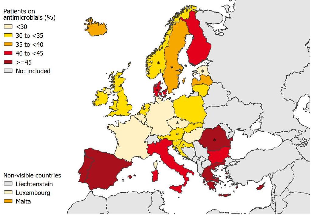 Prevalence of antimicrobial use (percentage of patients receiving antimicrobials) in acute care hospitals, ECDC PPS 2011 2012 European Centre for Disease