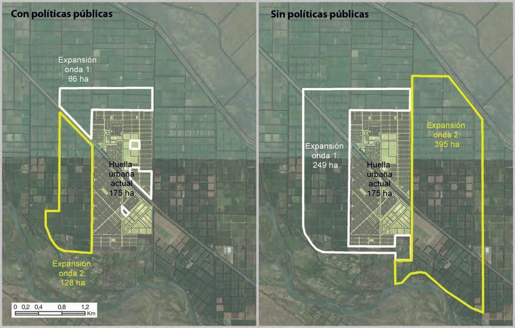 Los esquemas muestran el resultado de la aplicación gráfica de las superficies de suelo urbanizado necesarias para absorber la población potencial en cada caso de estudio.