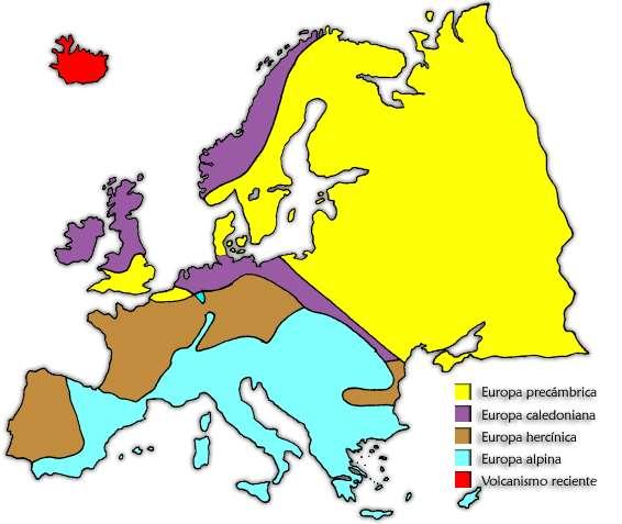 División de EUROPA en territorios geológicos: 1. Escudo Báltico: cratón estable, rocas cristalinas precámbricas 2.