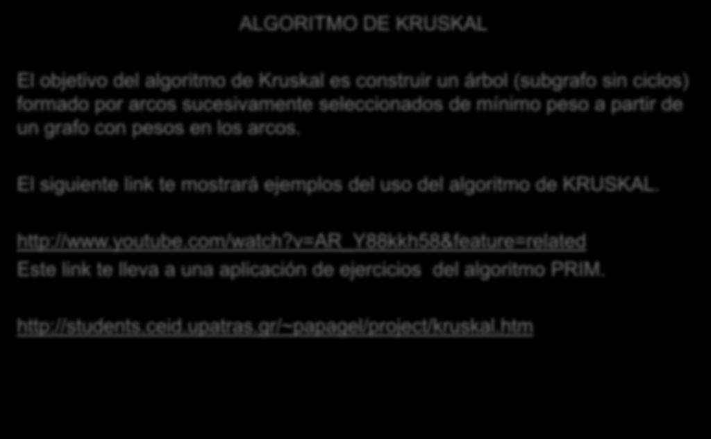 ALGORITMO DE KRUSKAL El objetivo del algoritmo de Kruskal es construir un árbol (subgrafo sin ciclos) formado por arcos sucesivamente seleccionados de mínimo peso a partir de un grafo con pesos en