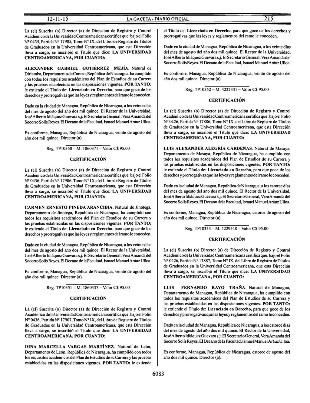Nº 0435, Partida Nº 17905, Tomo Nº IX, del Libro de Registro de Títulos ALEXANDER GABRIEL GUTIÉRREZ MEJÍA.