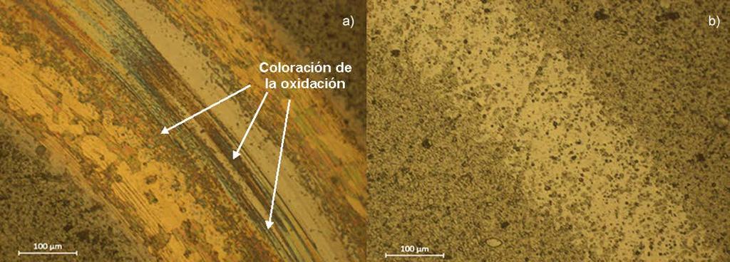 La figura 4a muestra las superficies desgastadas en condiciones en seco donde puede apreciarse un desgaste abrasivo manifestado en forma de surcos en dirección del deslizamiento.