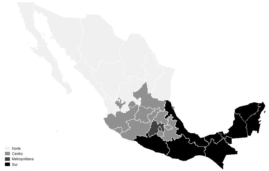Estratos regionales de la muestra Región Norte Centro Metropolitana Sur Estados Baja California, Baja California Sur, Chihuahua, Coahuila, Durango, Nayarit, Nuevo León, Sinaloa, Sonora, Tamaulipas,