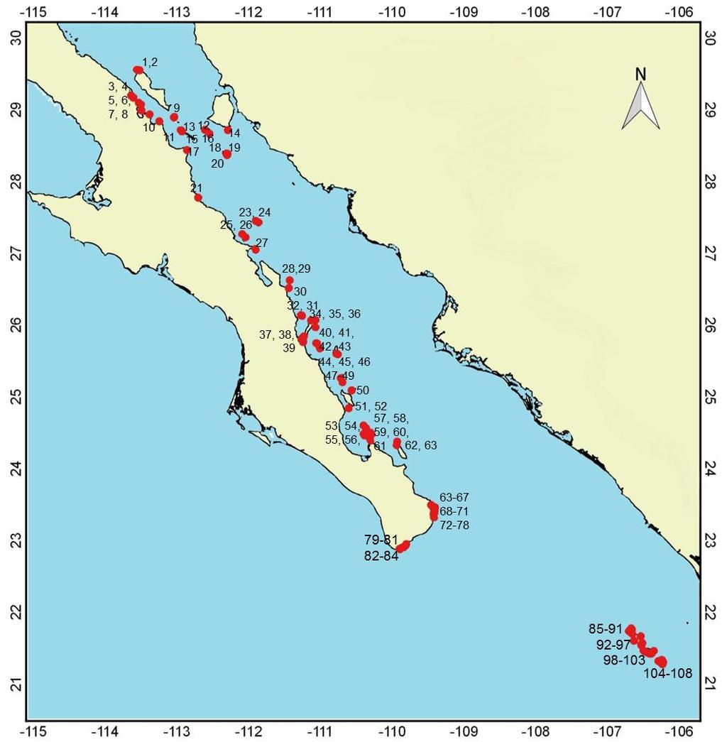 Figura 1. Sitios de monitoreo ecológico (censos visuales ProMares) realizados en el Golfo de California durante 2009 y 2010.