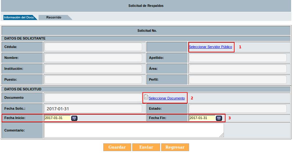 Se presentará la pantalla para ingreso de los datos, que inicia seleccionando al usuario inactivo, como muestra la ilustración 3. Ilustración 3: Registro de la solicitud de respaldo 1.