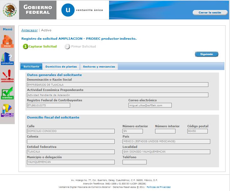 CAPTURA DE LA SOLICITUD Registro de Solicitud AMPLIACIÓN - PROSEC Productor indirecto.